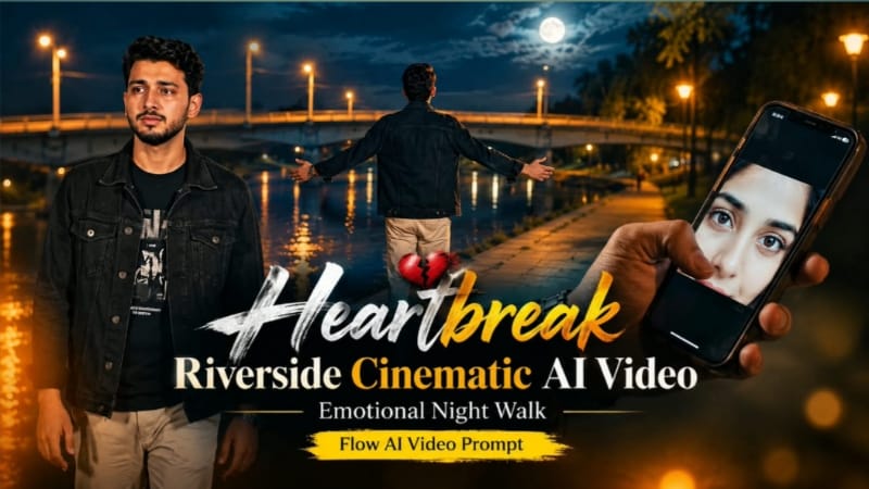 Heartbreak Riverside Cinematic AI Video | Emotional Night Walk | Flow AI Video Prompt